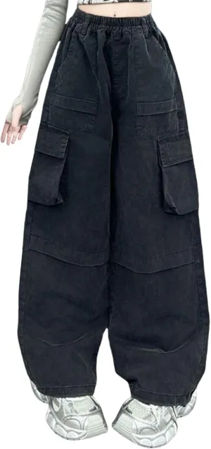 Moonker Teen Girls Palozzo Cargo Pants Loose Elastic High Waist Wide Leg Straigh Trousers Summer Solid Plain