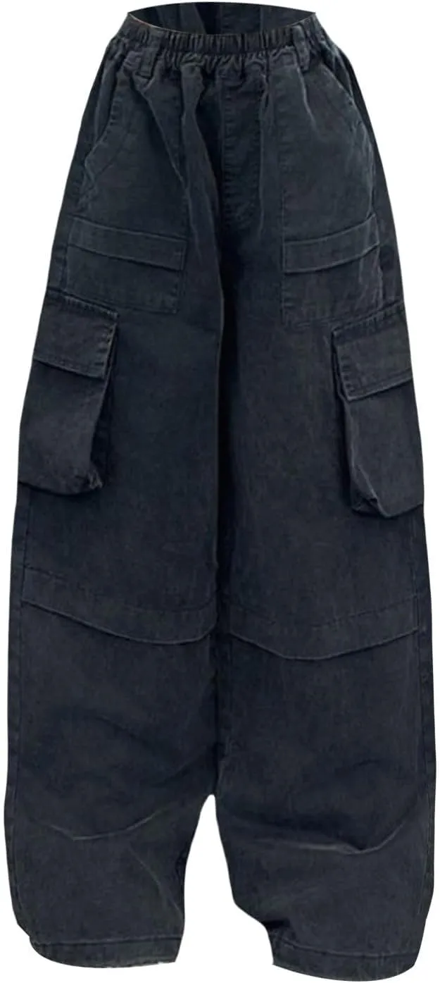 Moonker Teen Girls Palozzo Cargo Pants Loose Elastic High Waist Wide Leg Straigh Trousers Summer Solid Plain