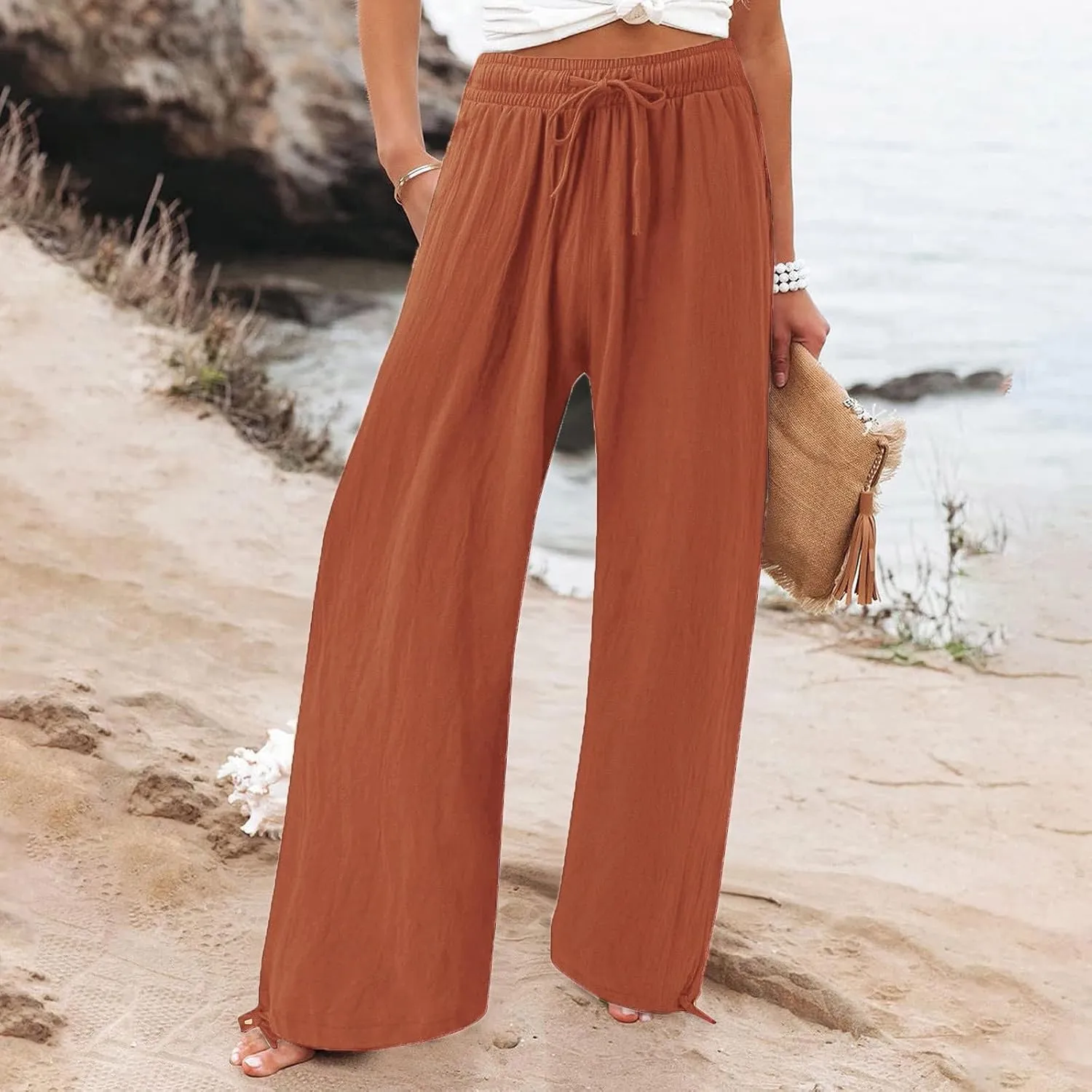 Pantalones para Mujer Linen Pants Comfy Work Pants with Elastic High Waist Paper Bag Linen Dress Pants for Women
