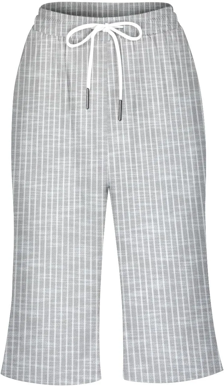 Pedal Pushers for Women Knee Length Linen Casual Striped Bermuda Shorts Summer Elastic Waisted Capris with Pocket