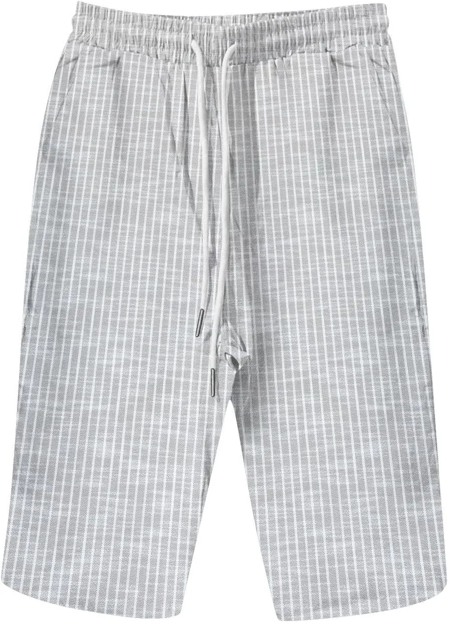 Pedal Pushers for Women Knee Length Linen Casual Striped Bermuda Shorts Summer Elastic Waisted Capris with Pocket