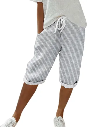 Pedal Pushers for Women Knee Length Linen Casual Striped Bermuda Shorts Summer Elastic Waisted Capris with Pocket