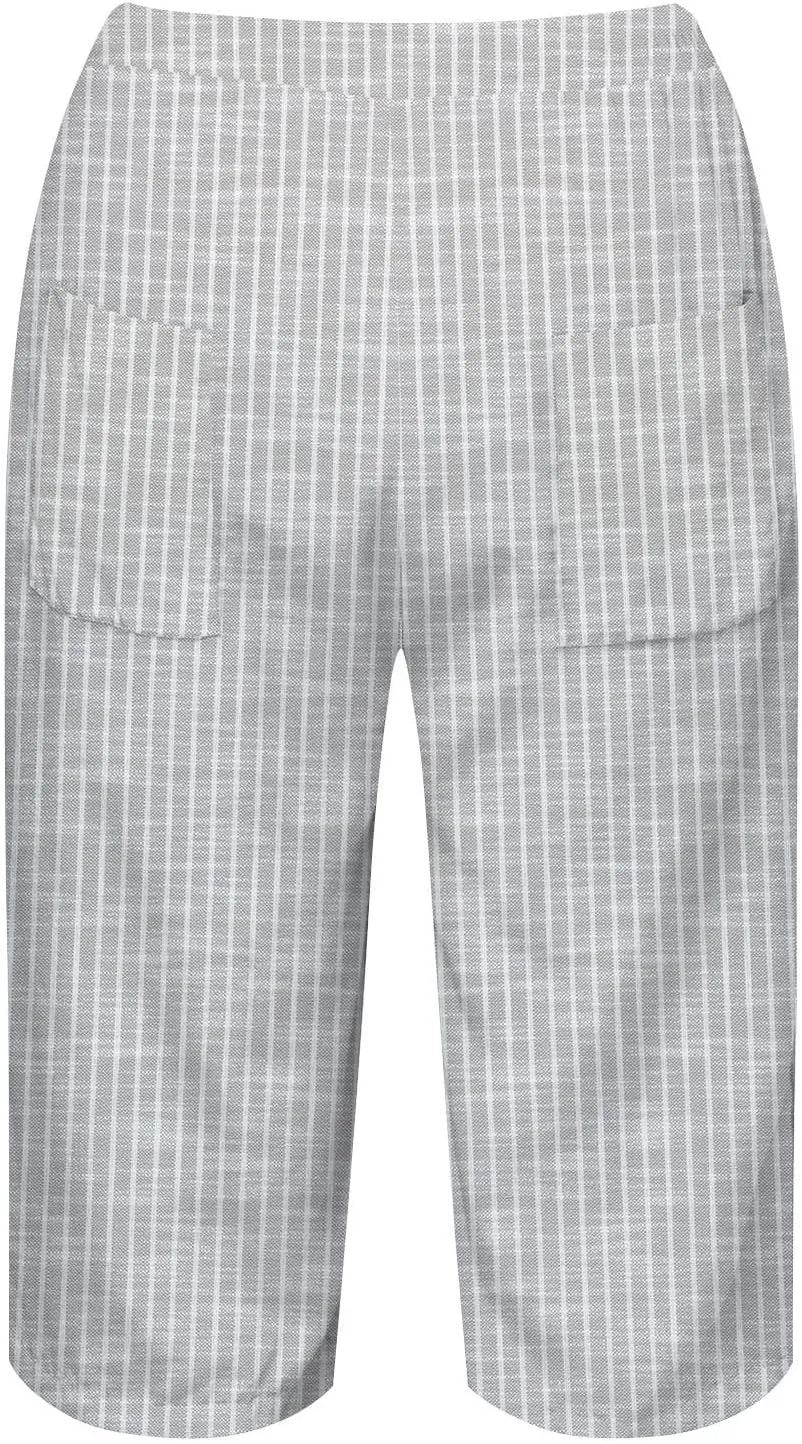 Pedal Pushers for Women Knee Length Linen Casual Striped Bermuda Shorts Summer Elastic Waisted Capris with Pocket