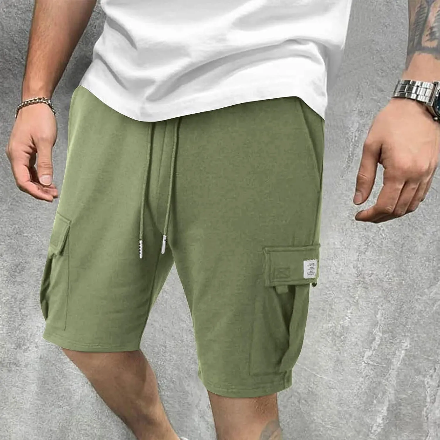 Sweat Cargo Shorts for Men Summer Casual Knee Length Work Bermuda Jogger Shorts Stretch Waist Workout Short Pants