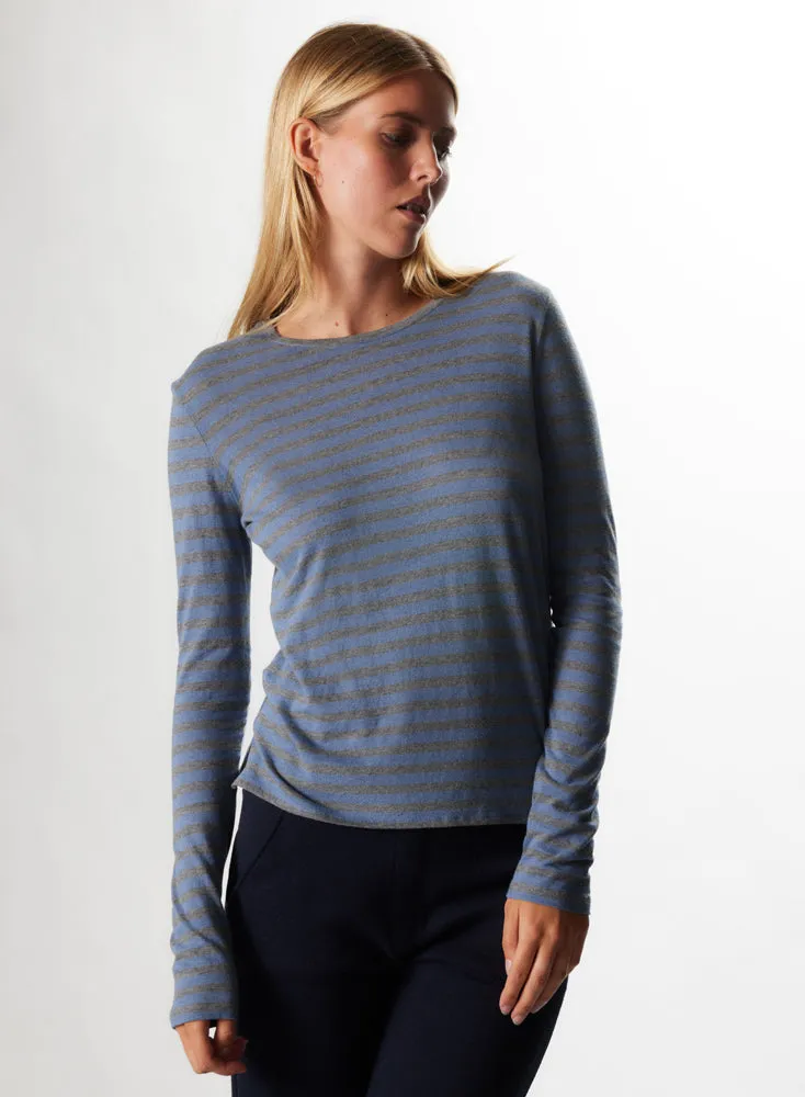 T-shirt Bleu grisé Col Rond Manches Longues en Coton / Cachemire