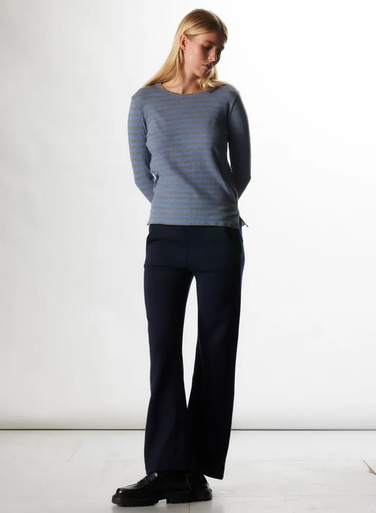 T-shirt Bleu grisé Col Rond Manches Longues en Coton / Cachemire