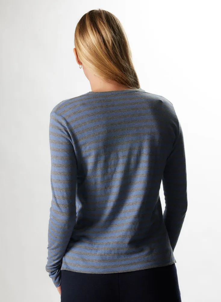 T-shirt Bleu grisé Col Rond Manches Longues en Coton / Cachemire