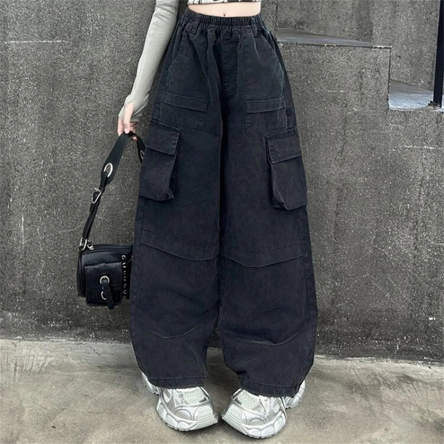 Teen Girls Palazzo Cargo Pants Loose Elastic High Waist Wide Leg Straigh Trousers Summer Solid Comfy Pants with Pockets