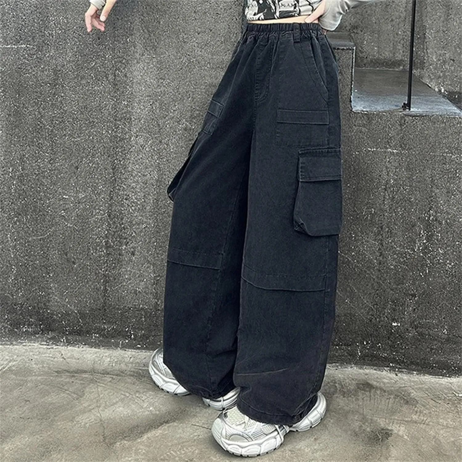 Teen Girls Palazzo Cargo Pants Loose Elastic High Waist Wide Leg Straigh Trousers Summer Solid Comfy Pants with Pockets