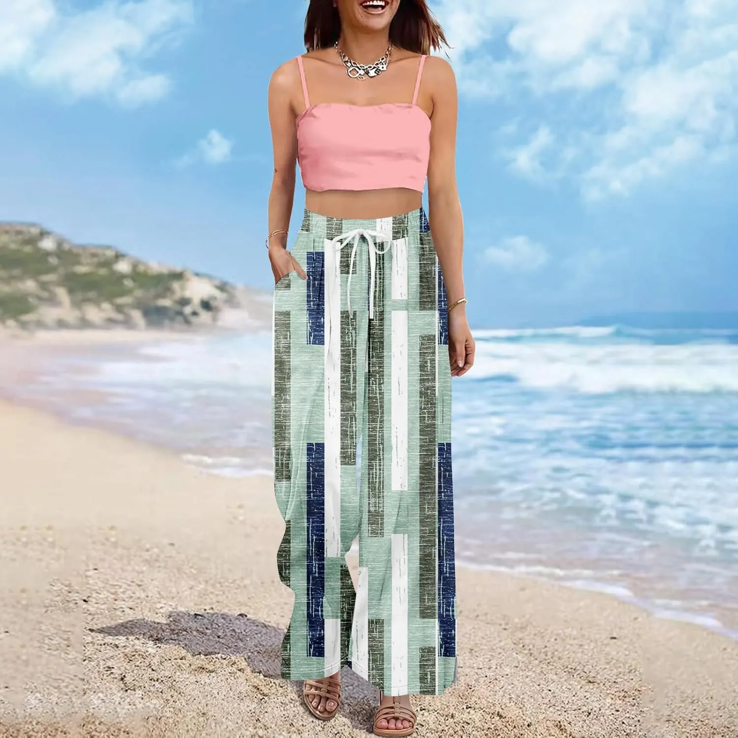 Wide Leg Loung Pants for Women Lightweight Bohemian Print Baggy Summer Pants Loose Fit Fashion Trousers