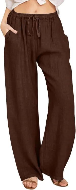 Women Summer Wide Leg Pants Drawstring Elastic High Waisted Lounge Pants Beach Casual Trousers with Pockets