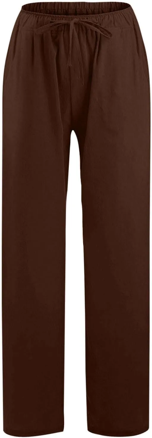 Women Summer Wide Leg Pants Drawstring Elastic High Waisted Lounge Pants Beach Casual Trousers with Pockets