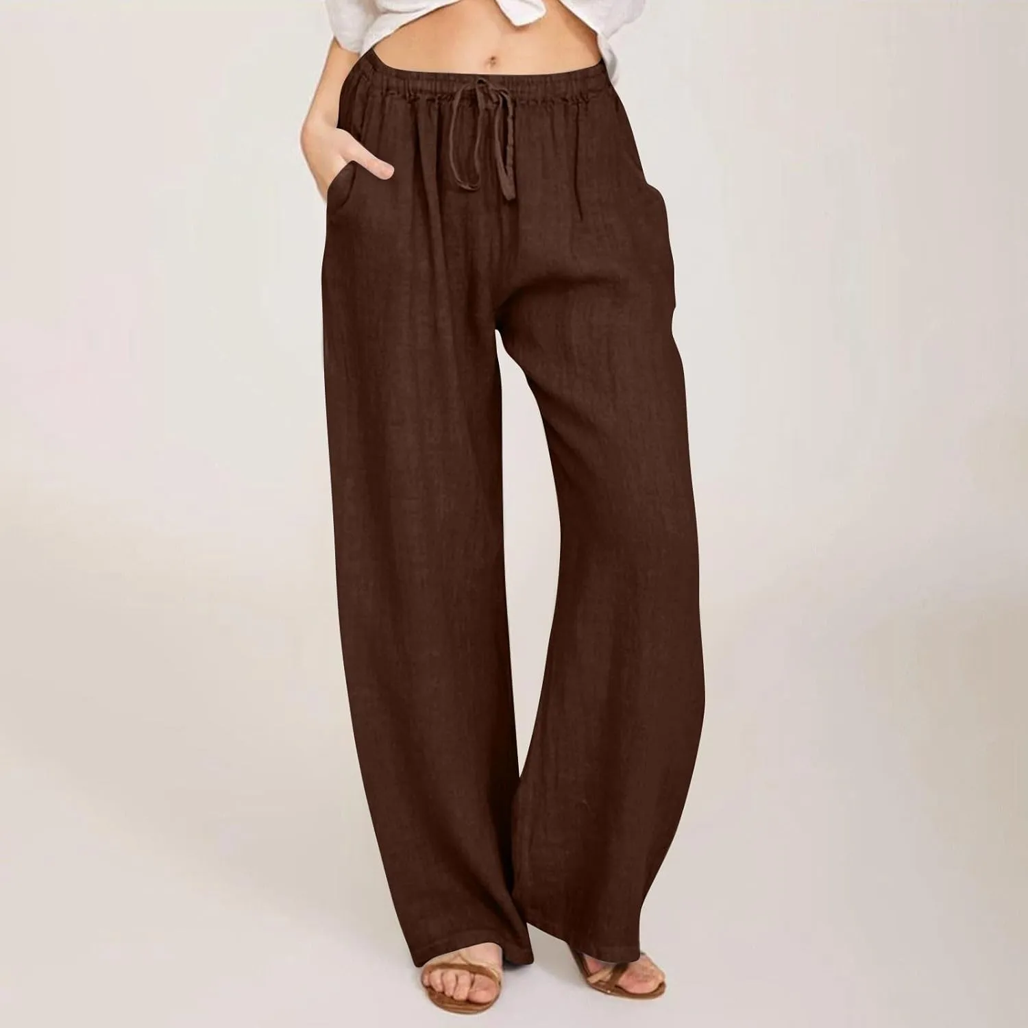 Women Summer Wide Leg Pants Drawstring Elastic High Waisted Lounge Pants Beach Casual Trousers with Pockets