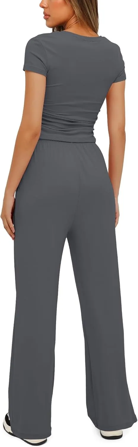 Women's 2 Piece Outfits Lounge Wear Sets Ruched Short Sleeve Tops High Waisted Tracksuit Casual Workout Sets