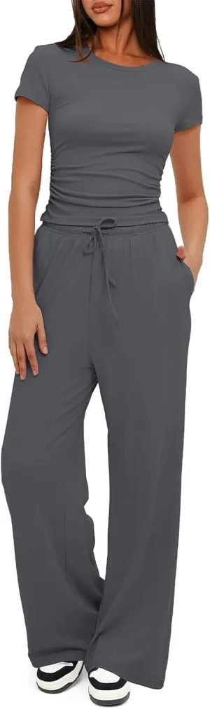 Women's 2 Piece Outfits Lounge Wear Sets Ruched Short Sleeve Tops High Waisted Tracksuit Casual Workout Sets
