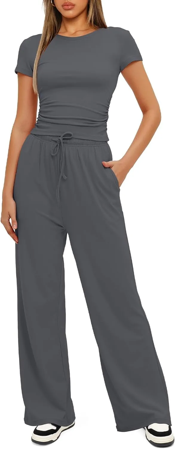 Women's 2 Piece Outfits Lounge Wear Sets Ruched Short Sleeve Tops High Waisted Tracksuit Casual Workout Sets