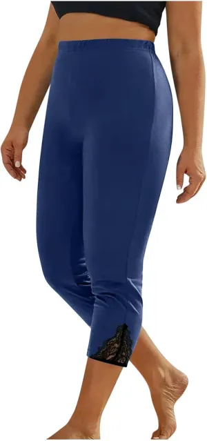 Women's Capri Summer Pants High Waisted Yoga Leggings Lace Trim Workout Pants Comfy Causal Pants Soft Gym Leggings