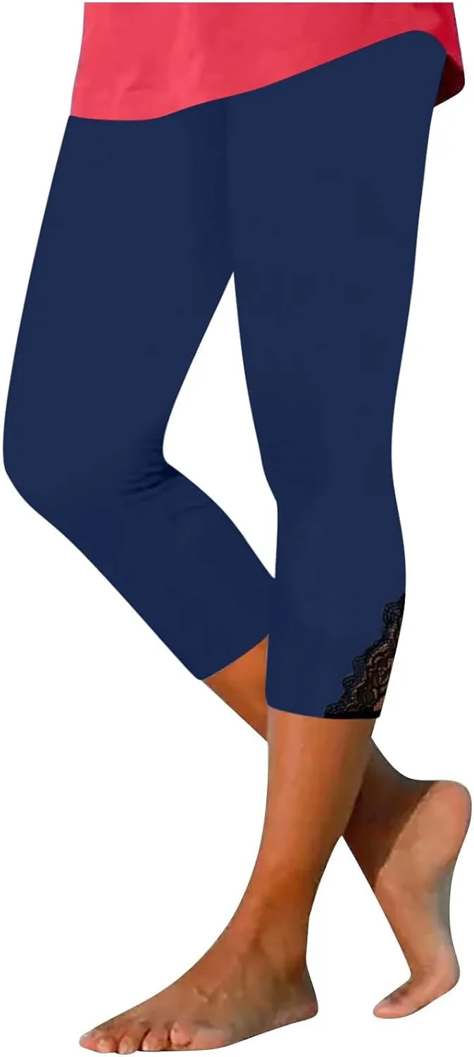 Women's Capri Summer Pants High Waisted Yoga Leggings Lace Trim Workout Pants Comfy Causal Pants Soft Gym Leggings