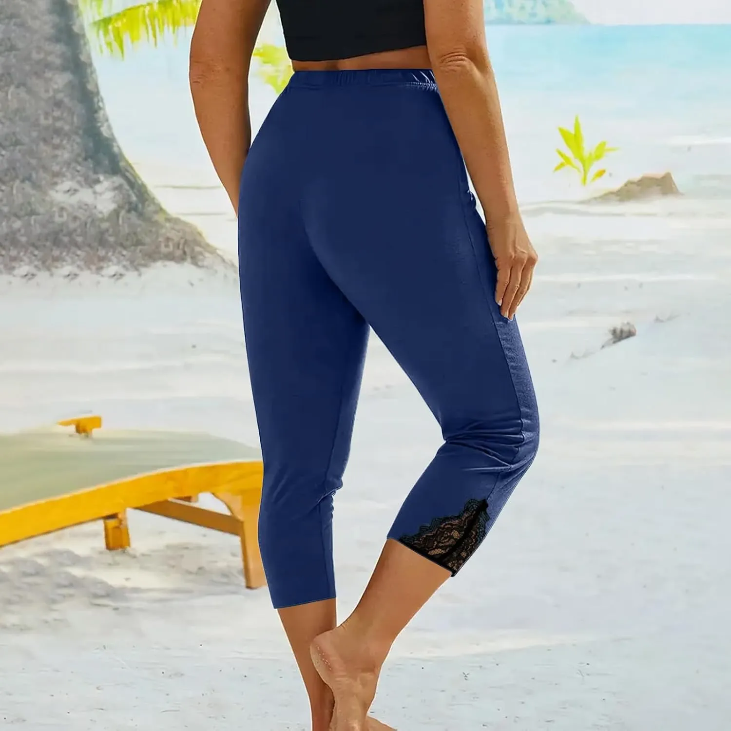 Women's Capri Summer Pants High Waisted Yoga Leggings Lace Trim Workout Pants Comfy Causal Pants Soft Gym Leggings