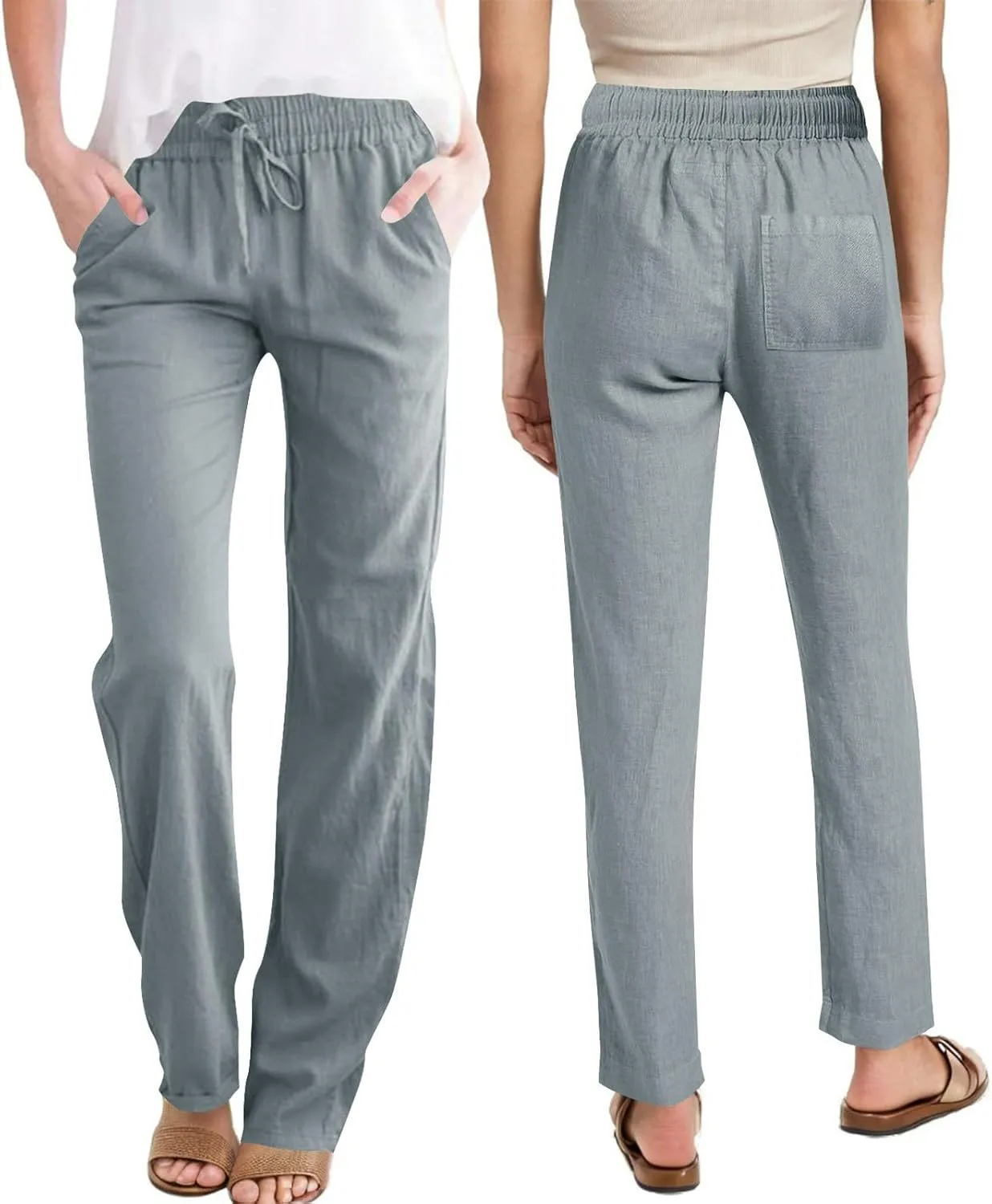 Womens Casual Pants Drawastring High Rise Straight Leg Full Length Pant Solid Color Slim Comfy Trousers with Pockets