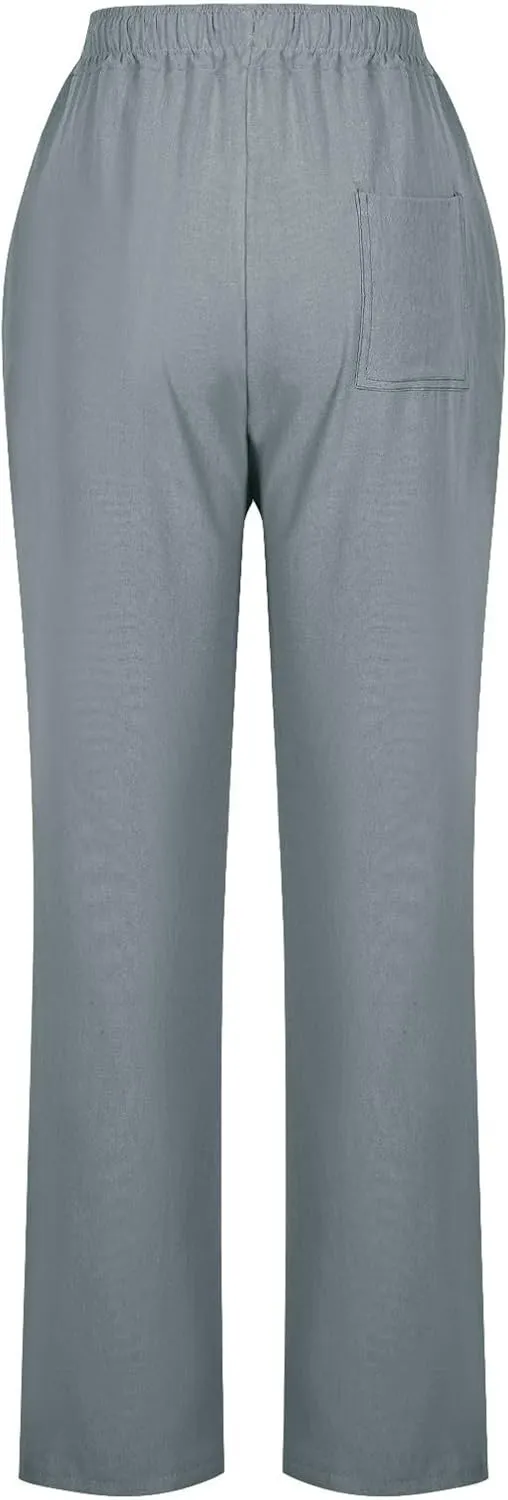 Womens Casual Pants Drawastring High Rise Straight Leg Full Length Pant Solid Color Slim Comfy Trousers with Pockets