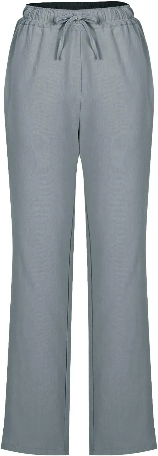 Womens Casual Pants Drawastring High Rise Straight Leg Full Length Pant Solid Color Slim Comfy Trousers with Pockets