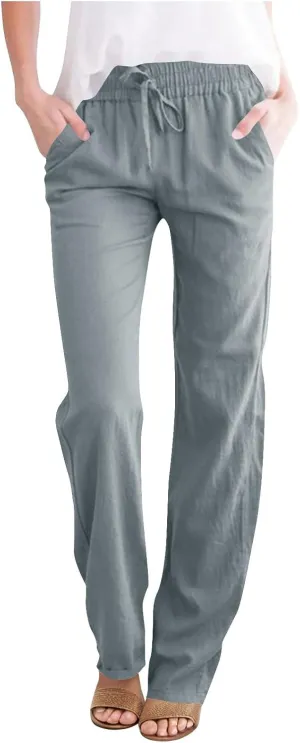 Womens Casual Pants Drawastring High Rise Straight Leg Full Length Pant Solid Color Slim Comfy Trousers with Pockets