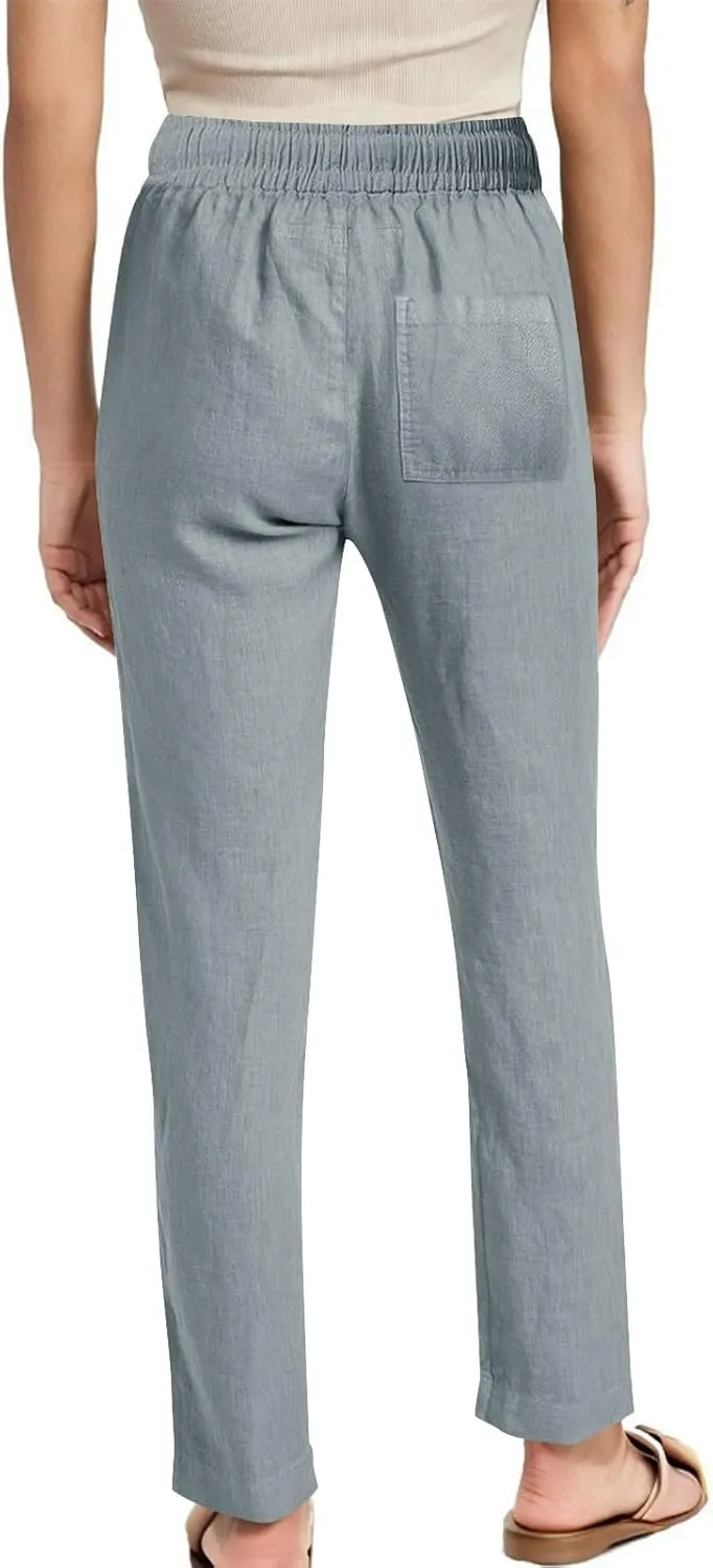 Womens Casual Pants Drawastring High Rise Straight Leg Full Length Pant Solid Color Slim Comfy Trousers with Pockets