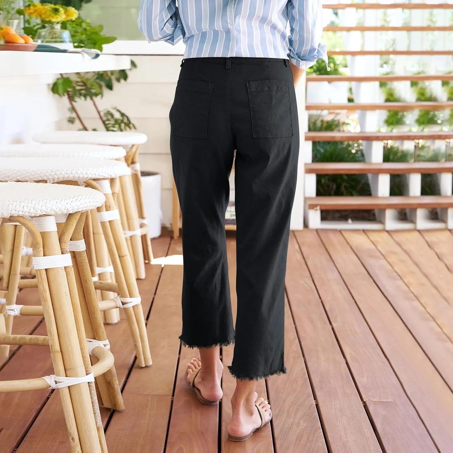 Women's Linen Summer Pants Leg Drawstring Slim Comfy Business Office Capri Trousers with Pockets, S-2XL