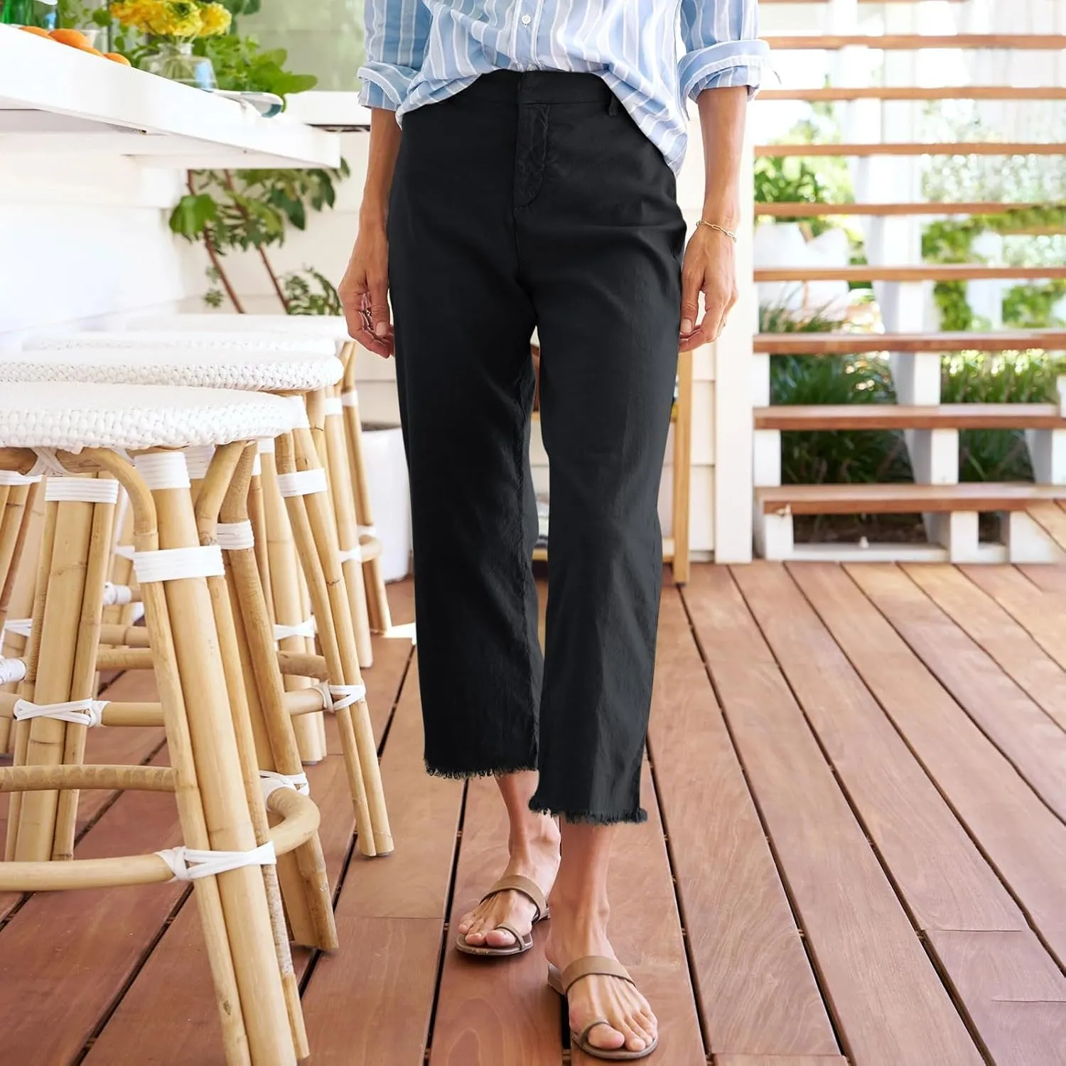Women's Linen Summer Pants Leg Drawstring Slim Comfy Business Office Capri Trousers with Pockets, S-2XL