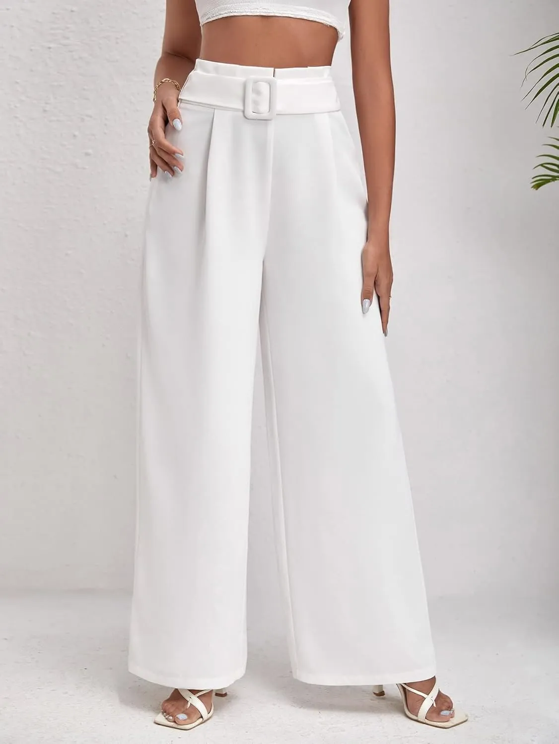 Women's Pants Solid High Waist Belted Wide Leg Pants Work Casual Pants