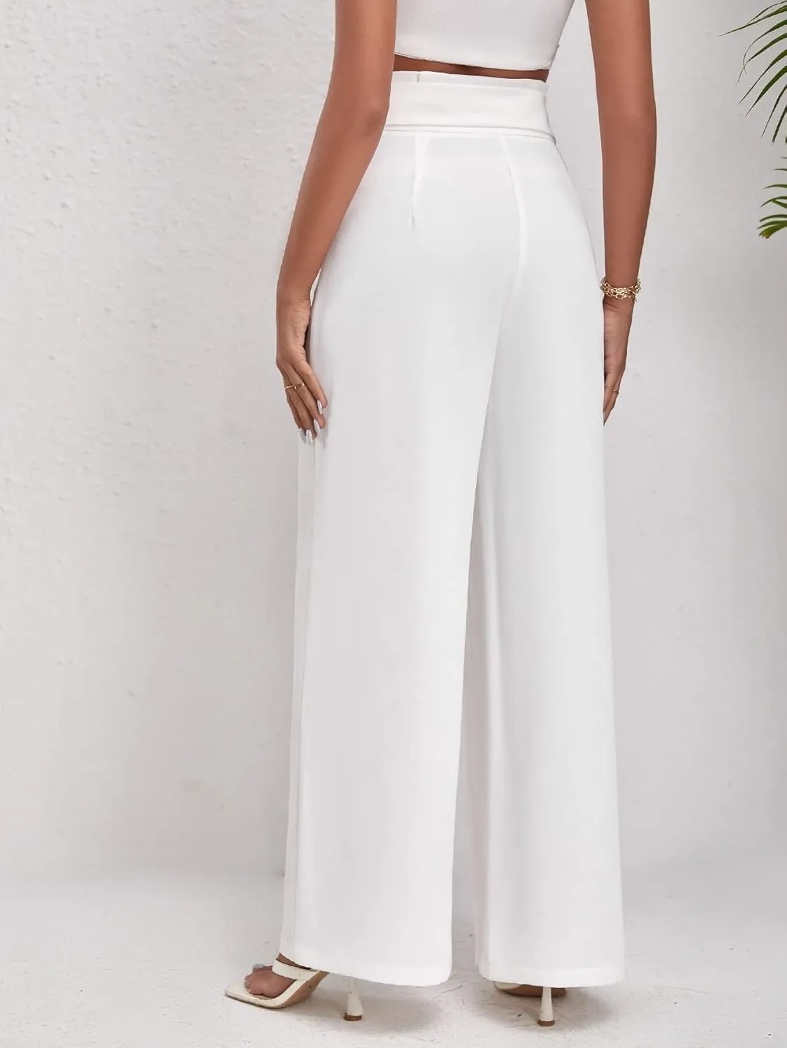 Women's Pants Solid High Waist Belted Wide Leg Pants Work Casual Pants