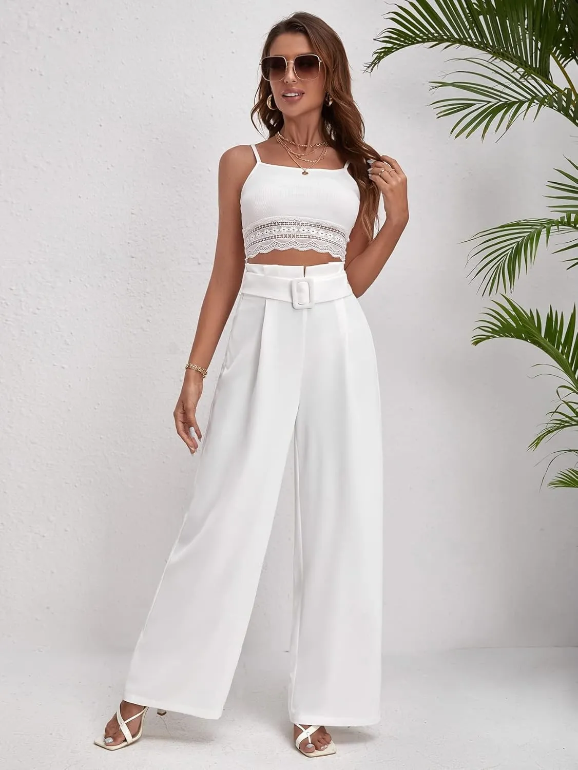Women's Pants Solid High Waist Belted Wide Leg Pants Work Casual Pants