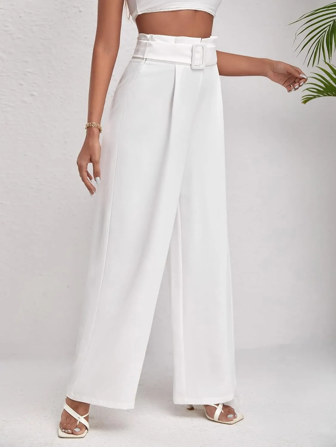 Women's Pants Solid High Waist Belted Wide Leg Pants Work Casual Pants