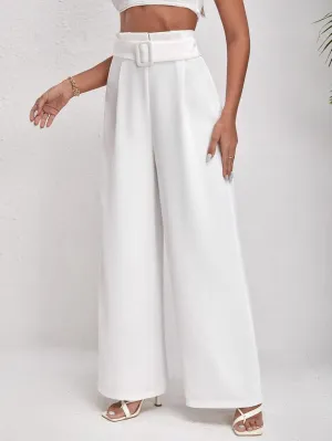 Women's Pants Solid High Waist Belted Wide Leg Pants Work Casual Pants
