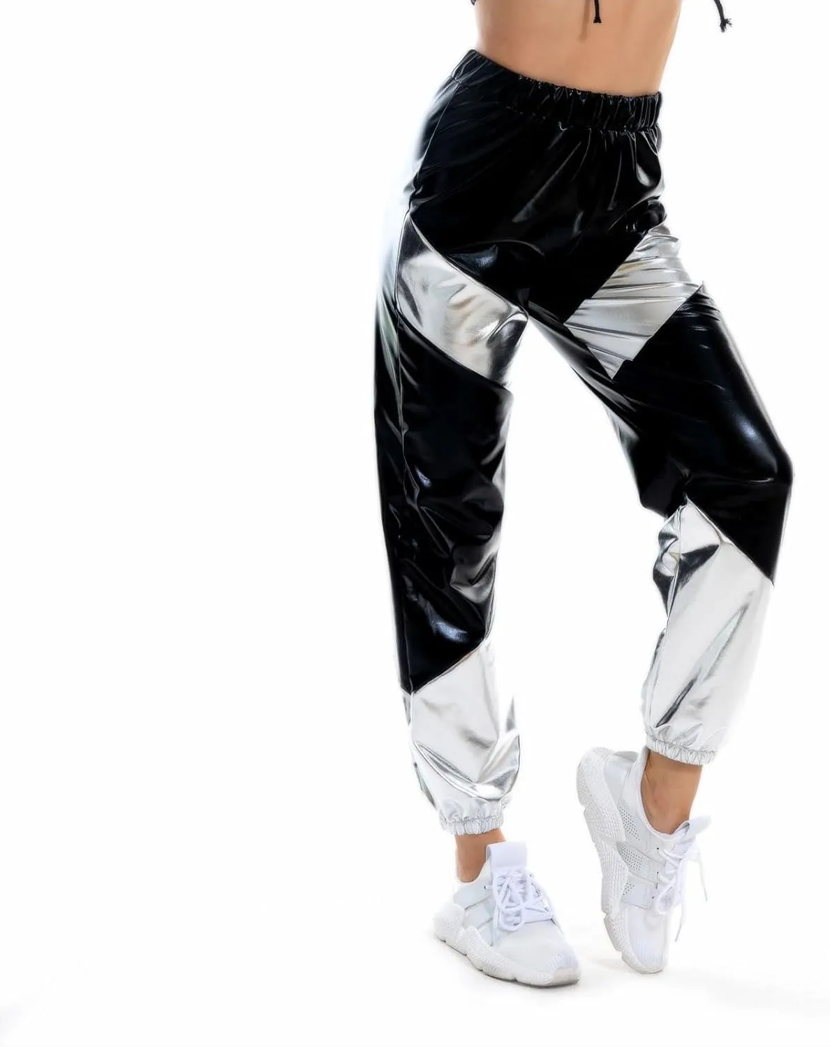 Womens Shiny Metallic High Waist Stretchy Jogger Pants, Wet Look Hip Hop Club Wear Holographic Trousers Sweatpant