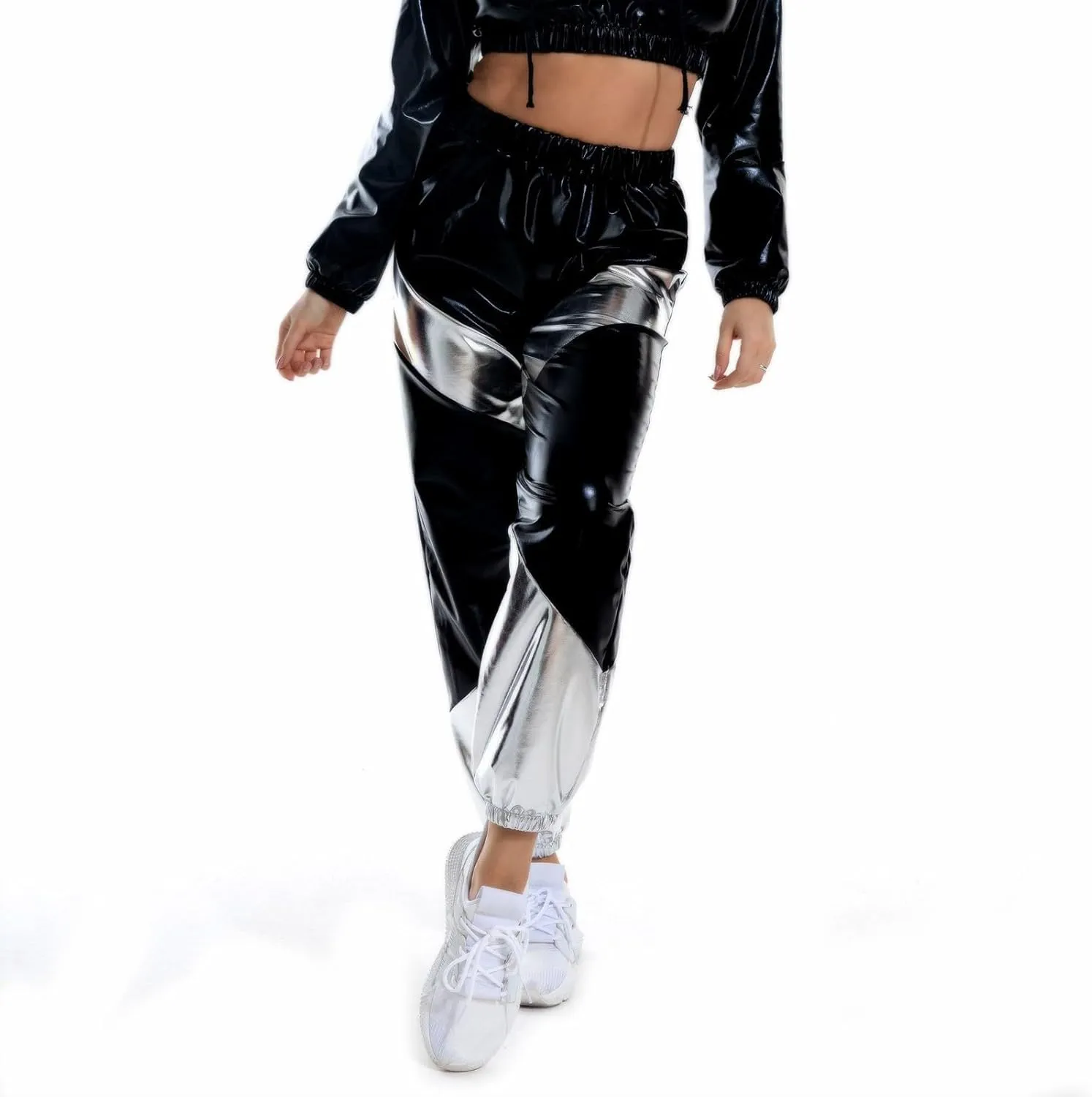 Womens Shiny Metallic High Waist Stretchy Jogger Pants, Wet Look Hip Hop Club Wear Holographic Trousers Sweatpant