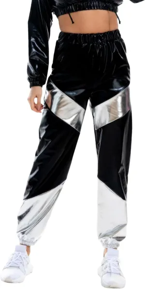 Womens Shiny Metallic High Waist Stretchy Jogger Pants, Wet Look Hip Hop Club Wear Holographic Trousers Sweatpant